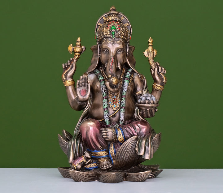 Ganesha Murti on Lotus - Handcrafted in Cold Cast Bronze