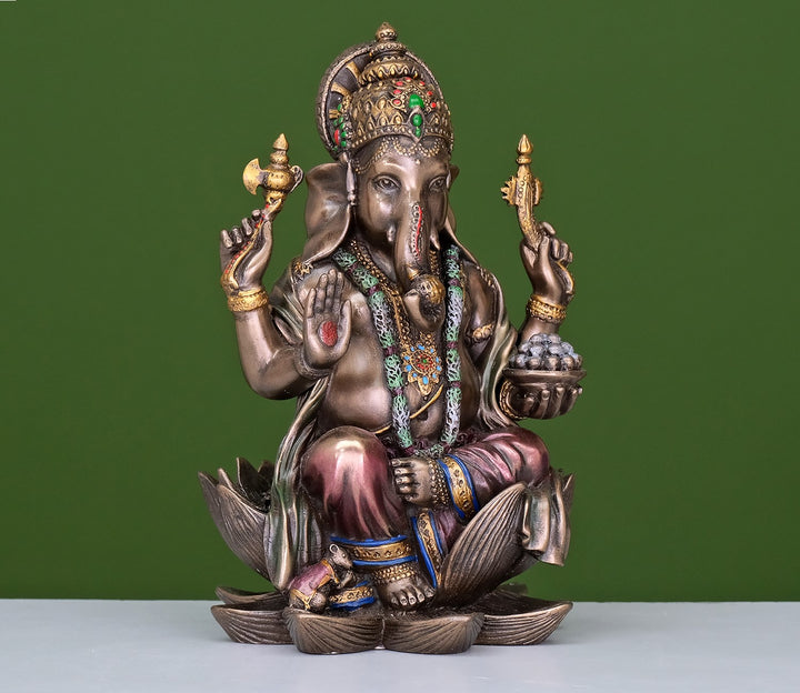Ganesha Murti on Lotus - Handcrafted in Cold Cast Bronze