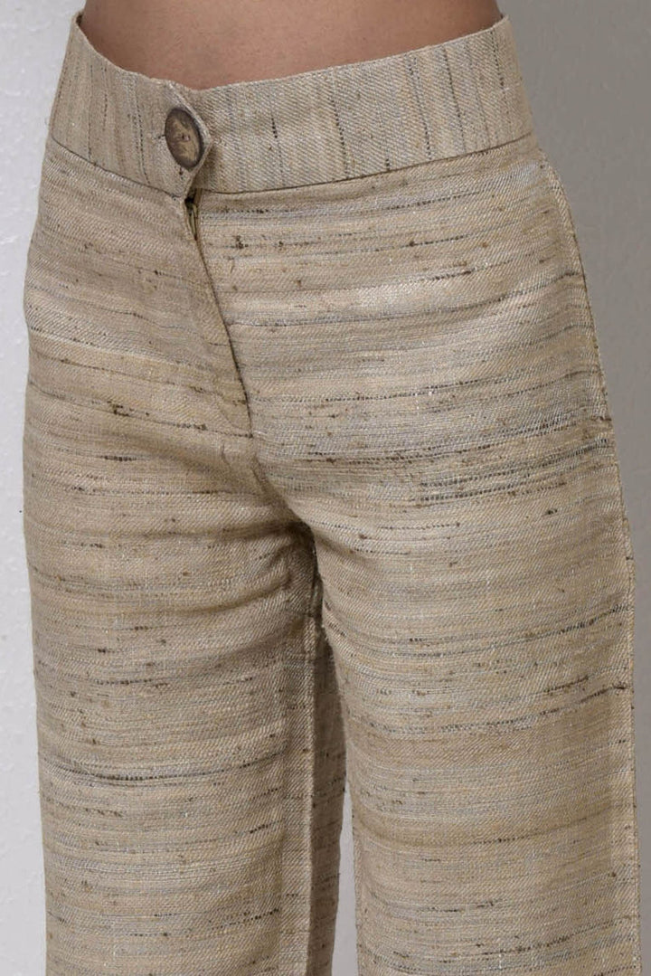 Beige Silk High-Waisted Trousers - Stylish & Elegant | Straight Handwoven Trouser - Beige