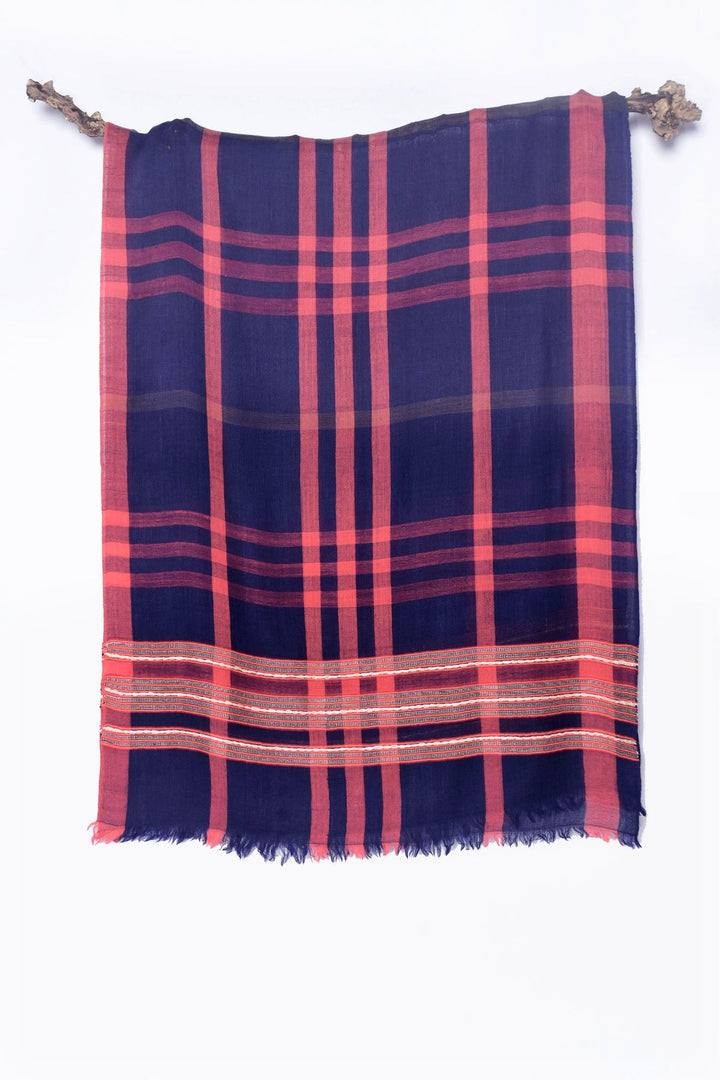 Handwoven Cashmere Stole in Dark Blue and Red | Jose Soft Cashmere Stole - Dark Blue & Red
