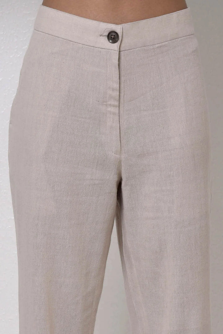 Handwoven Beige Cotton Trousers - Classic Low Ankle Length | Ohana Handwoven Trousers - Beige
