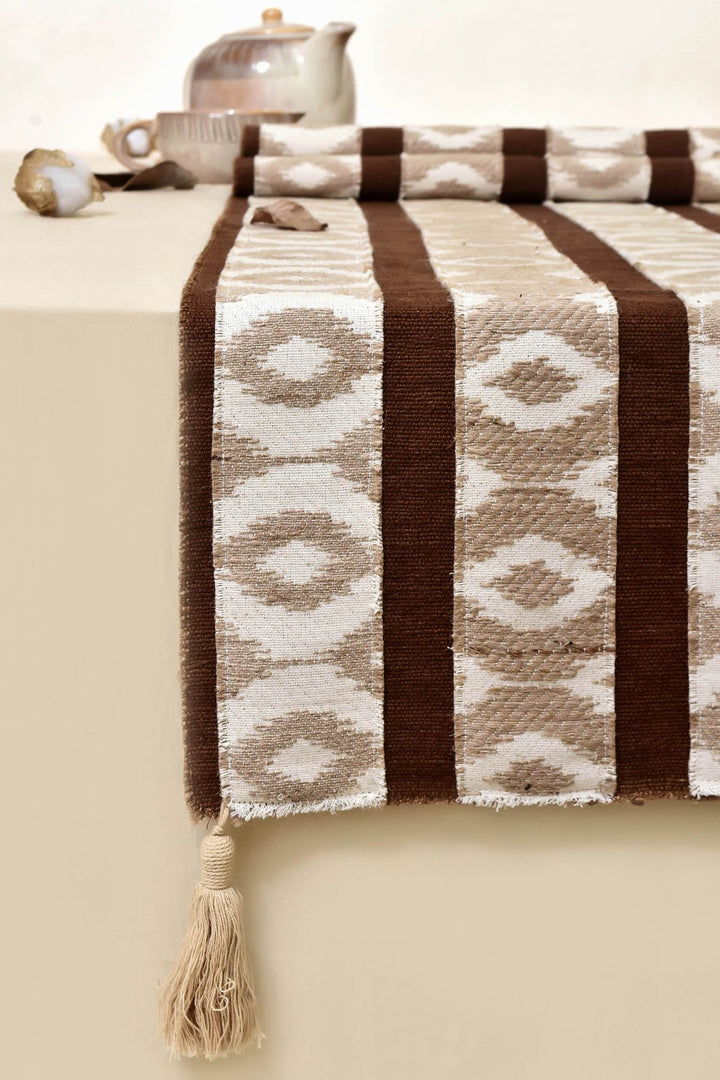 Beige Geometric Cotton Table Runner | A Tale of Two Masters Table Runner - Beige