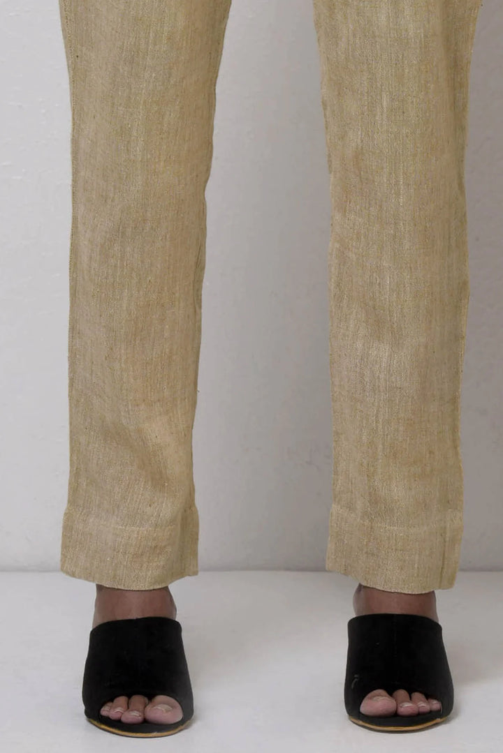 Beige Cotton Elastic Waist Trousers | Ayane Handwoven Trousers - Beige