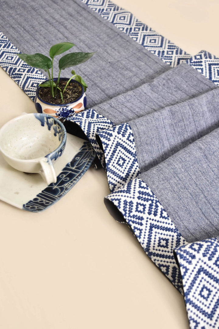 Blue Cotton Table Runner with Pleated Design | Querencia - Handwoven Table Runner - Blue