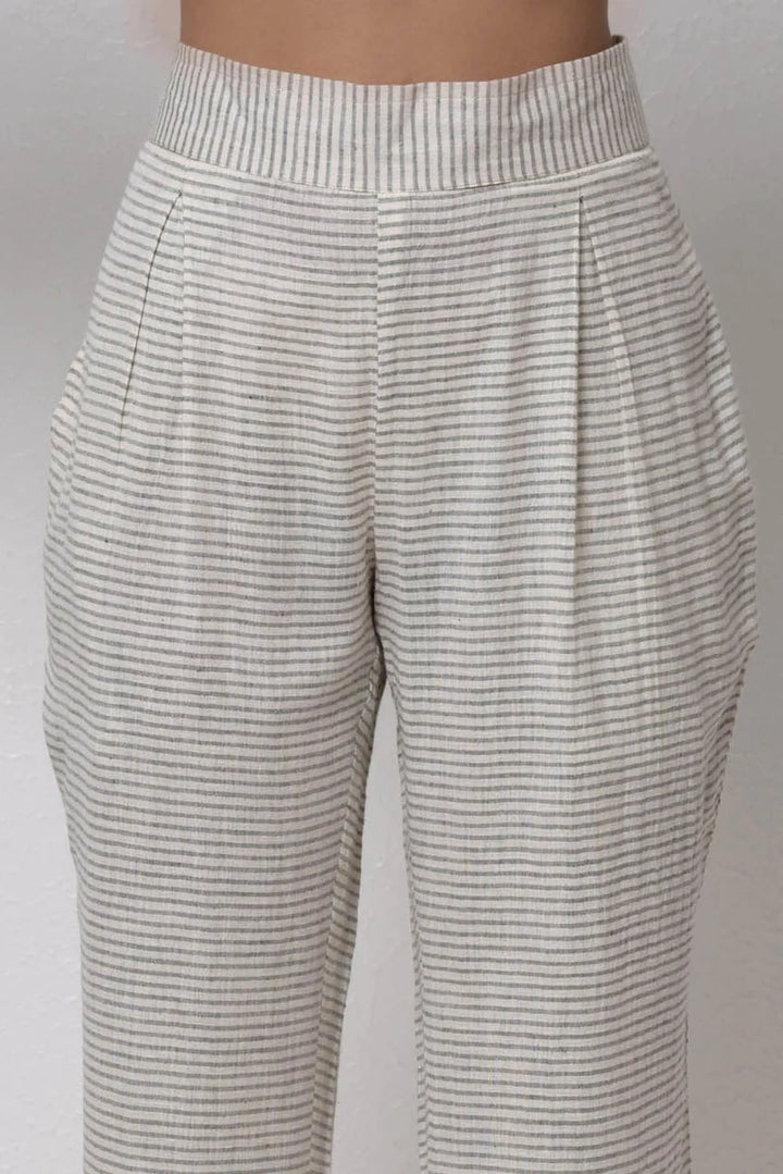 Off-White Striped Cotton Summer Trousers | Sachi Handwoven Trousers - Off-White