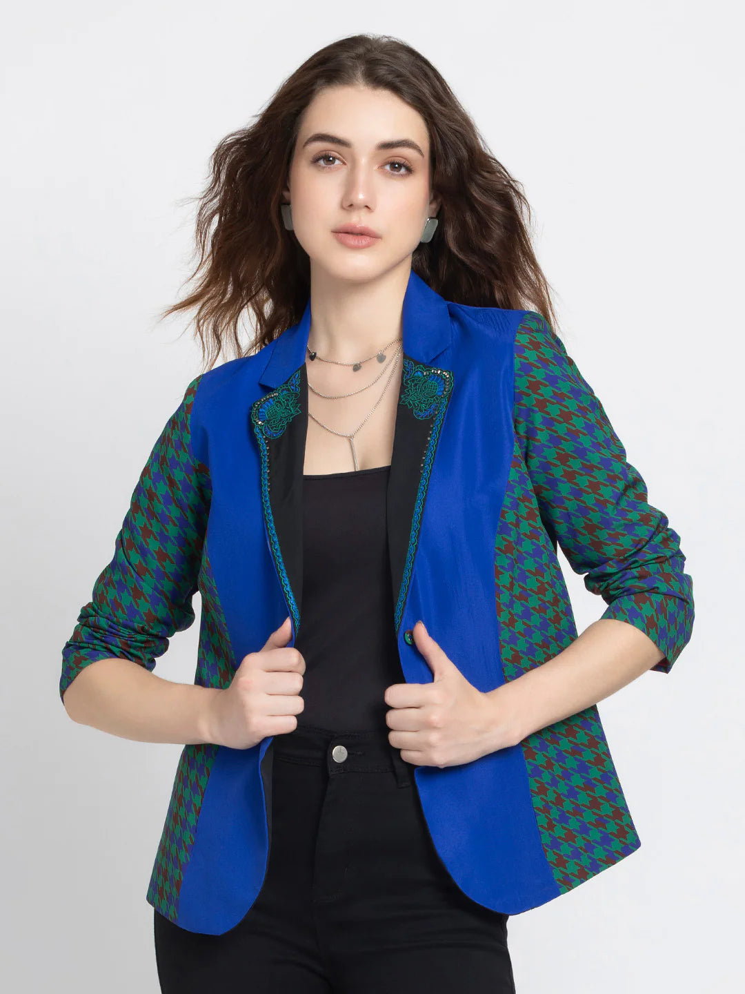 Blue Collar Women Party Blazer | Elegance Blue Embroidered Lapel Collar Party Blazer
