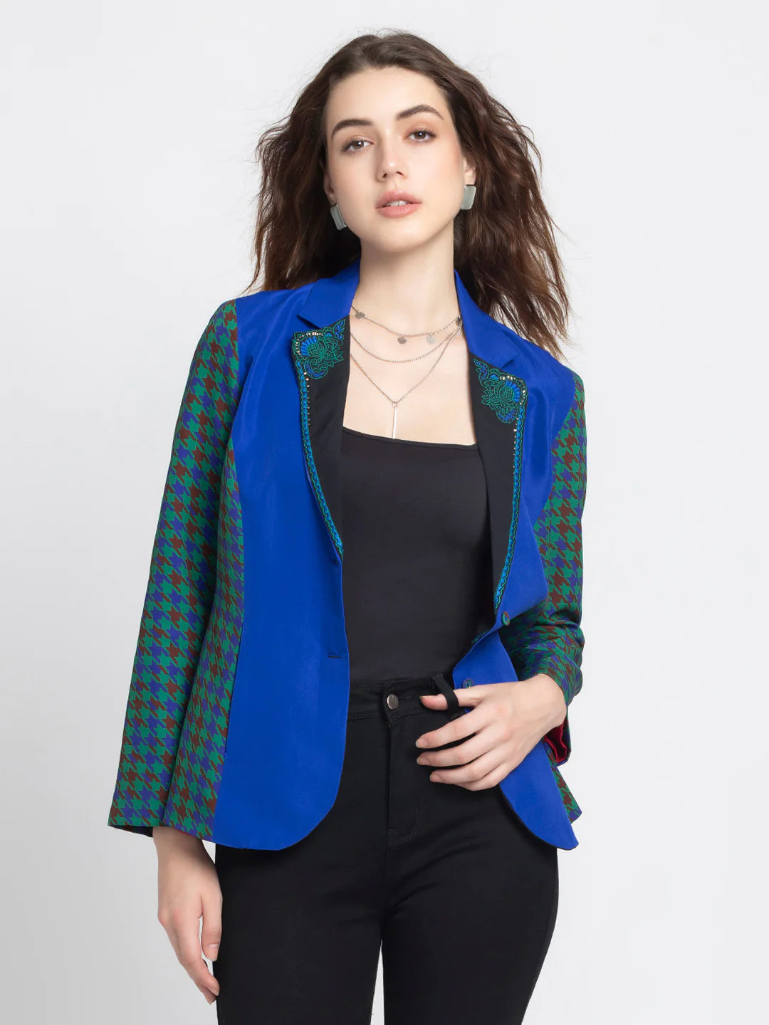 Blue Collar Women Party Blazer | Elegance Blue Embroidered Lapel Collar Party Blazer