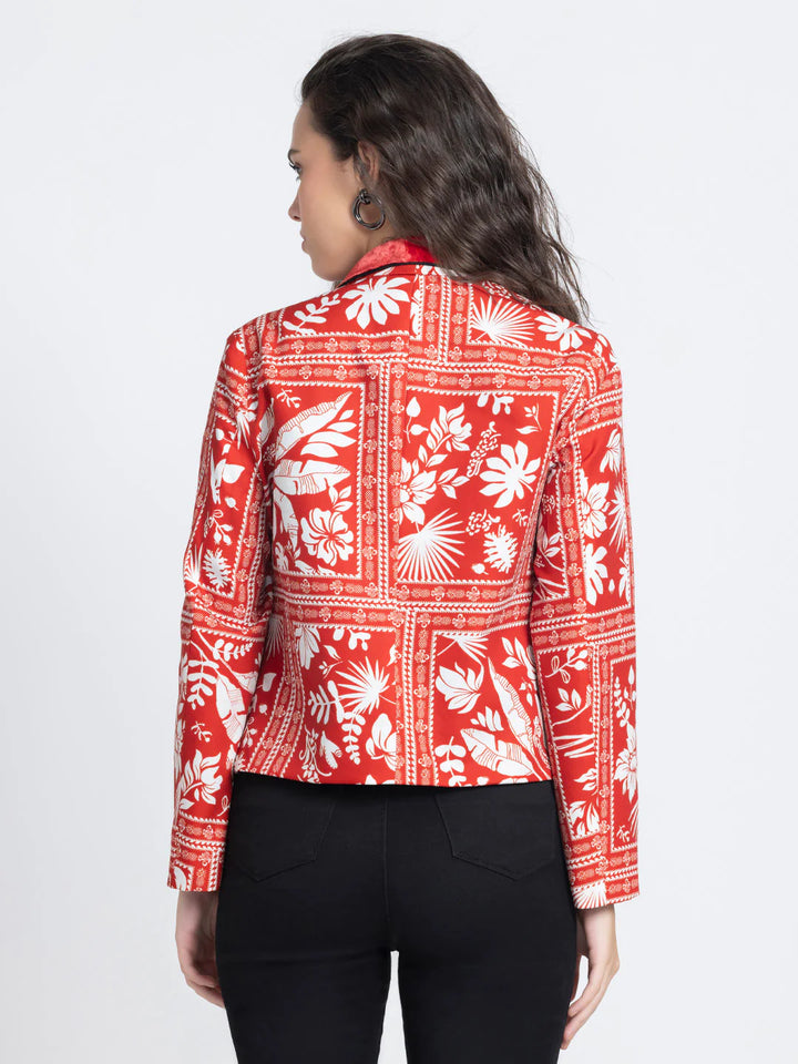 Red Floral Crop Blazer | Red Floral Print Open Front Crop Blazer