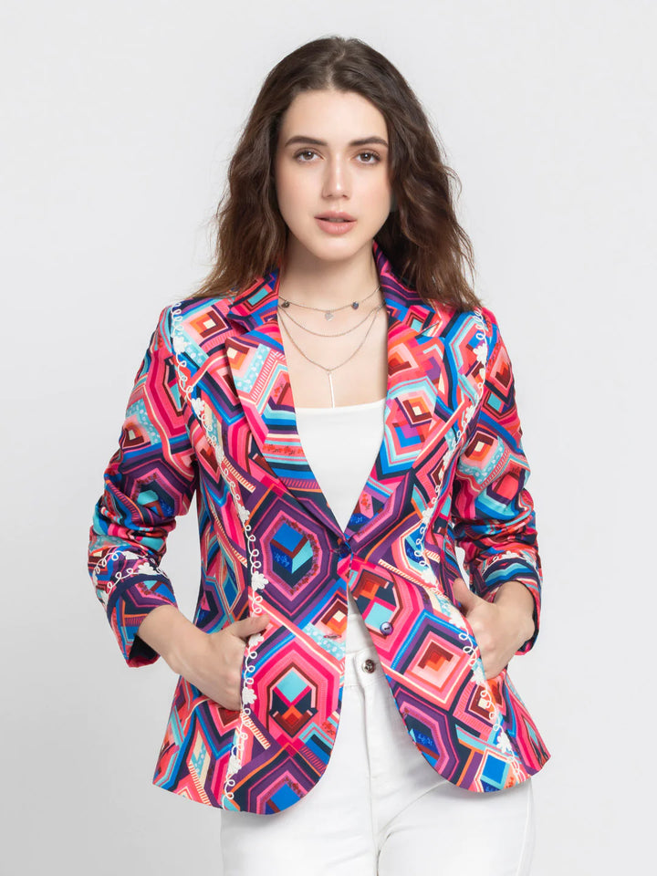 Women Pink Casual Blazer | Pink Geometric Print Casual Blazer