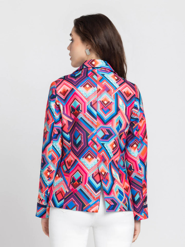 Women Pink Casual Blazer | Pink Geometric Print Casual Blazer