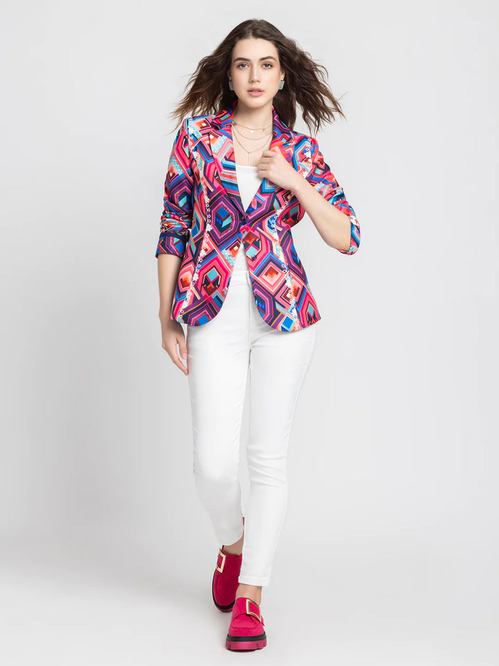 Women Pink Casual Blazer | Pink Geometric Print Casual Blazer