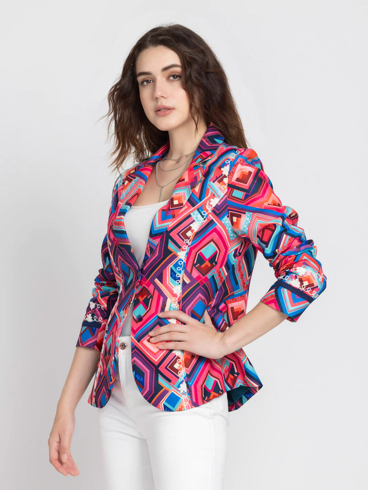 Women Pink Casual Blazer | Pink Geometric Print Casual Blazer