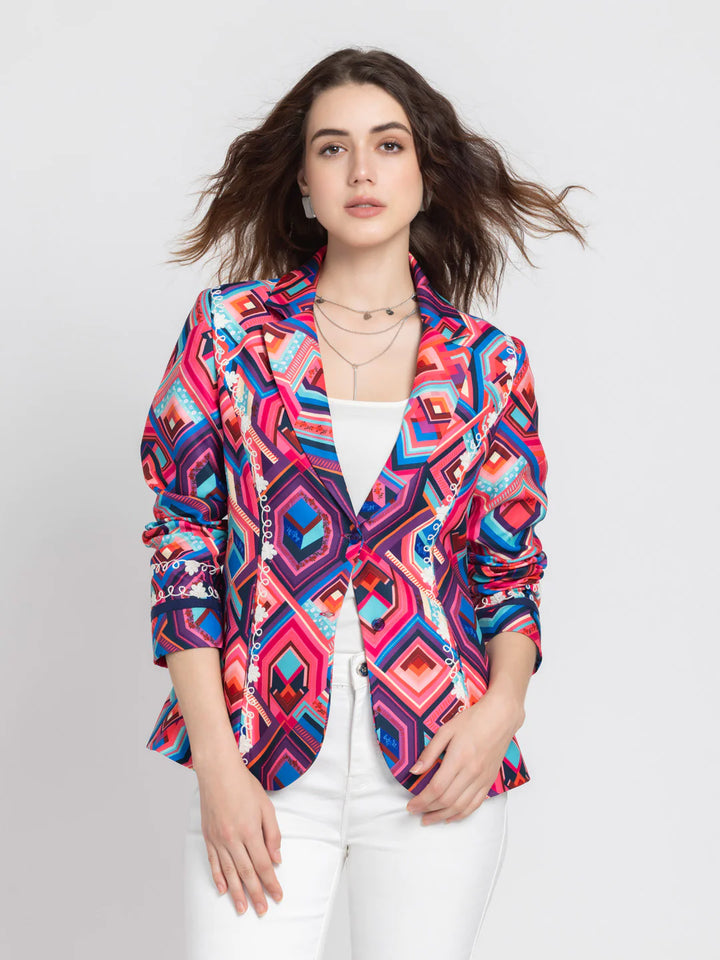 Women Pink Casual Blazer | Pink Geometric Print Casual Blazer