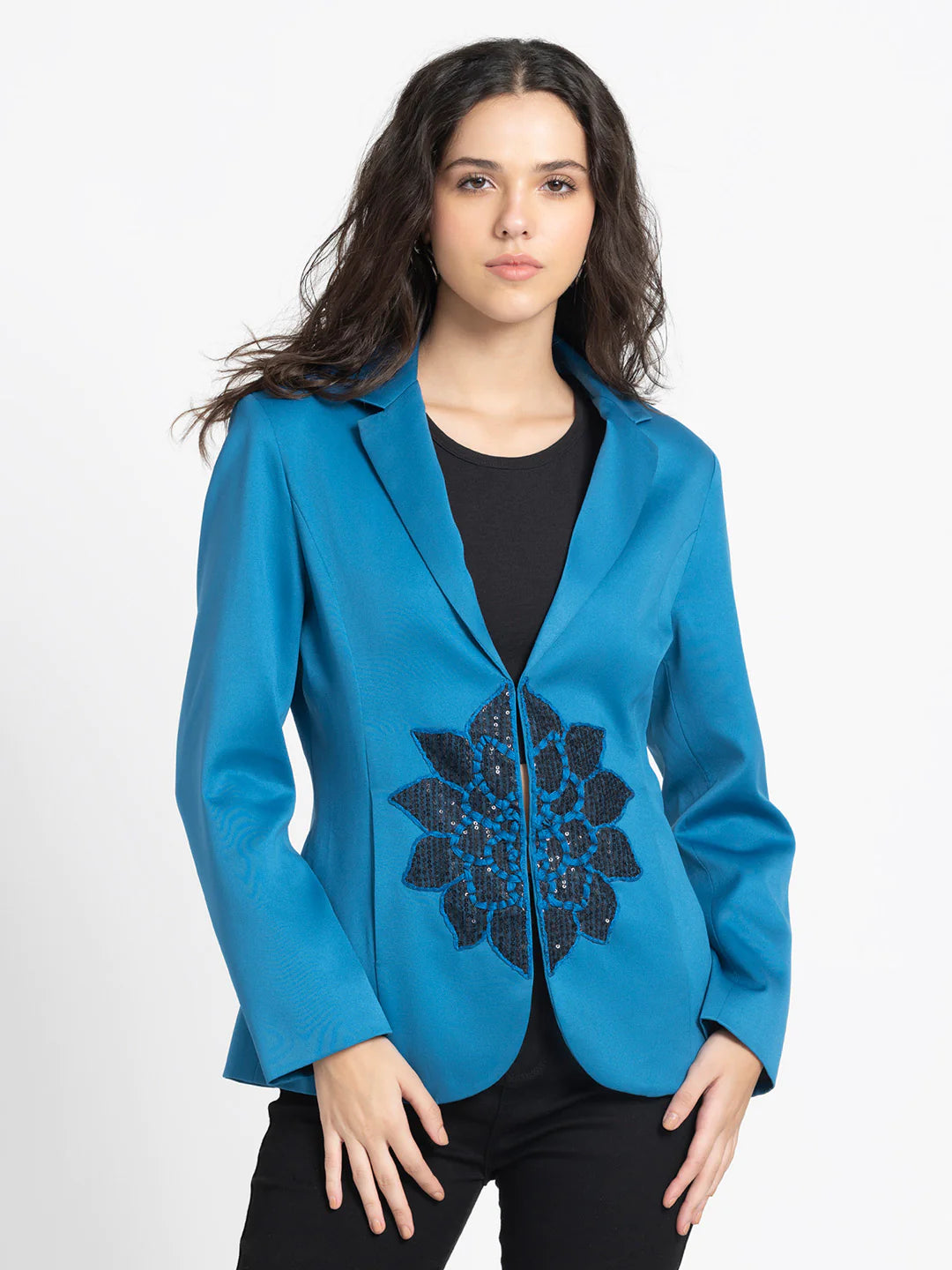 Women Blue Partywear Blazer | Sparkling Blue Embroidered Partywear Blazer
