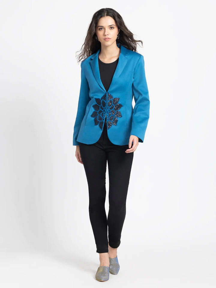 Women Blue Partywear Blazer | Sparkling Blue Embroidered Partywear Blazer