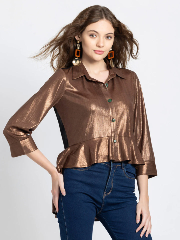 Brown Party Shirt for Women | Metallic Glamour Brown Asymmetric Party Shirt