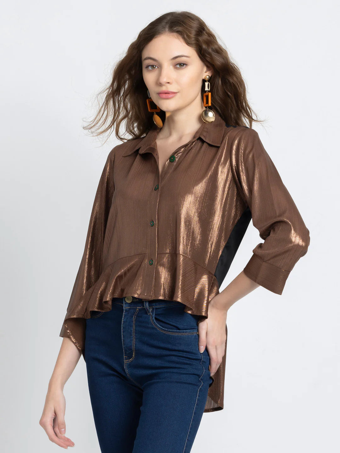 Brown Party Shirt for Women | Metallic Glamour Brown Asymmetric Party Shirt