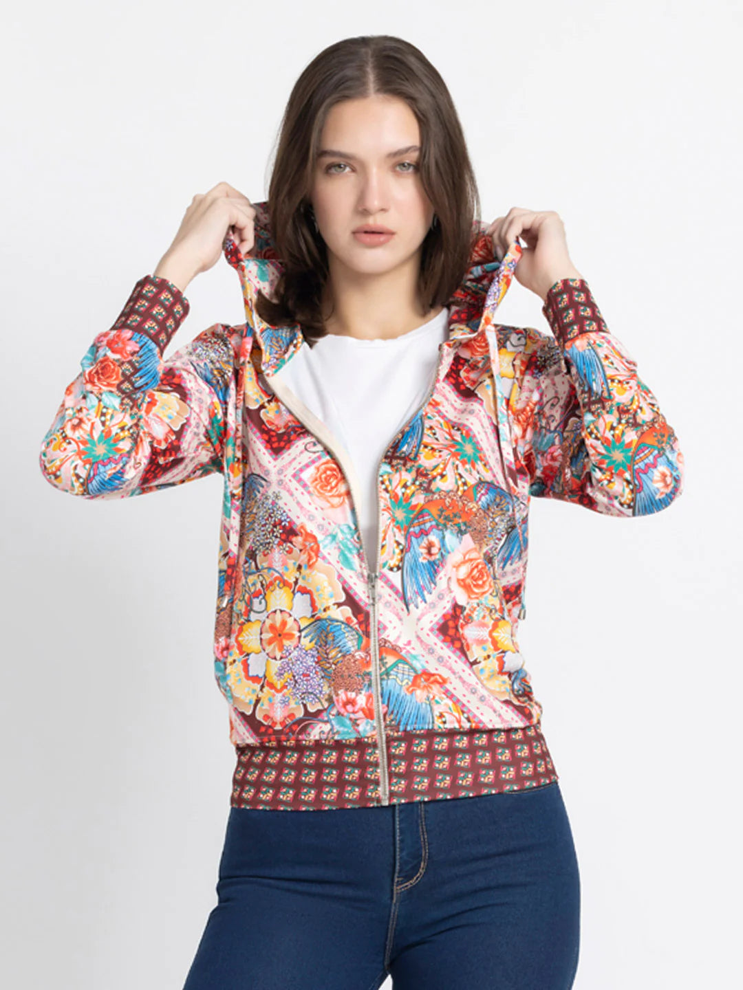 Beige Floral Jacket | Beige Floral Print Casual Jacket