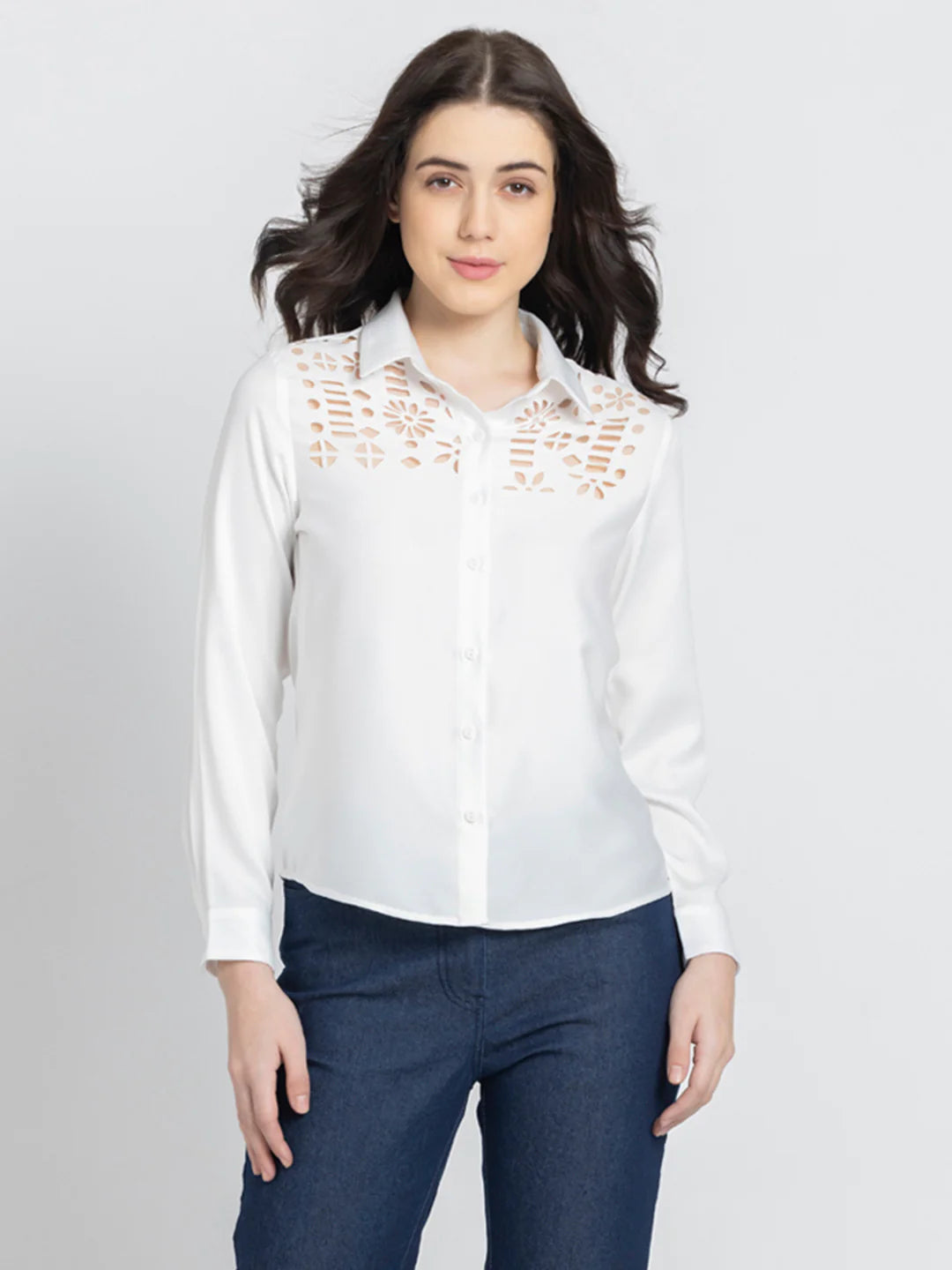 White Party Shirt for Women | Sleek White Lazer-Cut Party Shirt