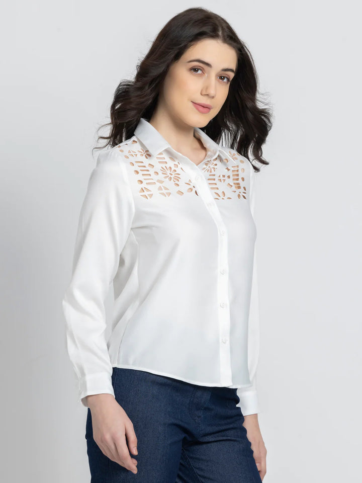 White Party Shirt for Women | Sleek White Lazer-Cut Party Shirt