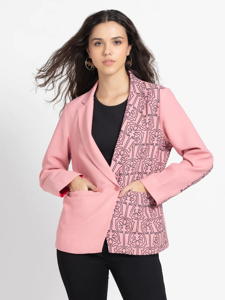 Pink Print Blazer | Pink Geometric Print Overlap Blazer