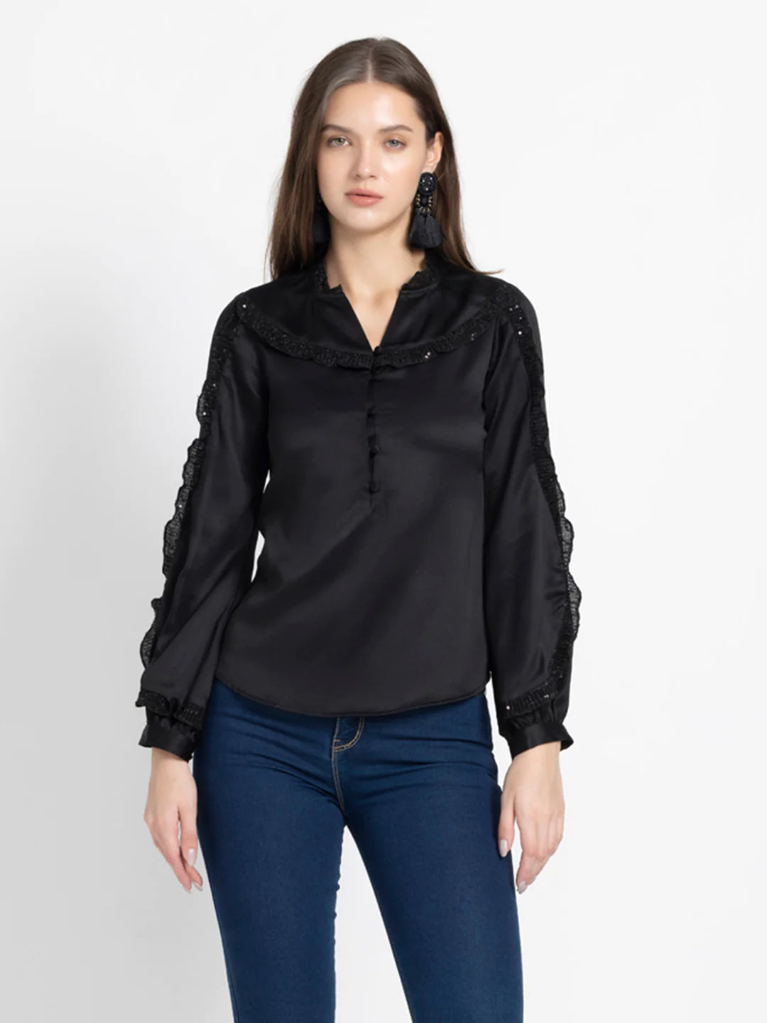 Black Party Shirt for Women | Elegant Noir Black Frill Sleeves Party Shirt
