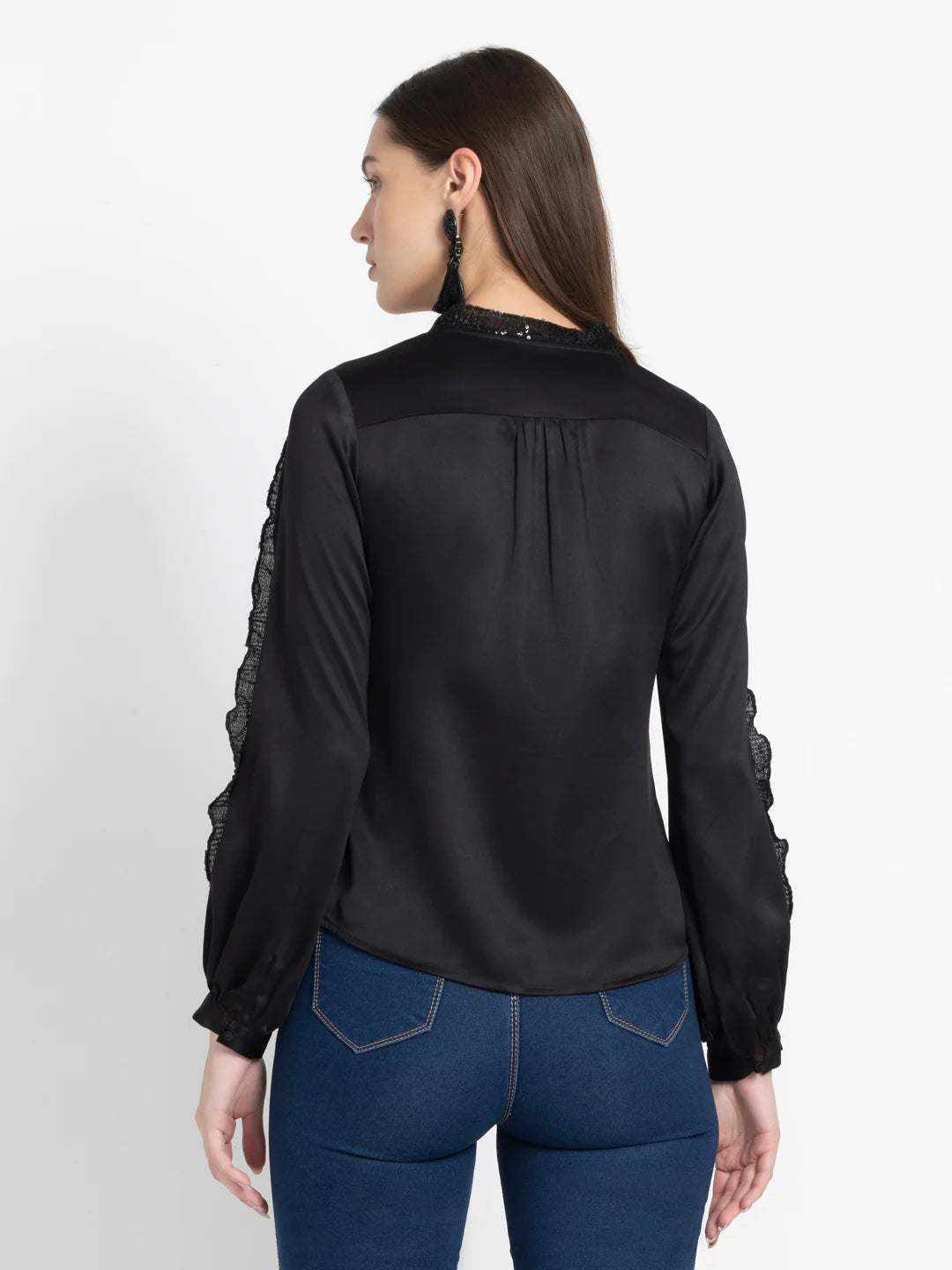 Black Party Shirt for Women | Elegant Noir Black Frill Sleeves Party Shirt