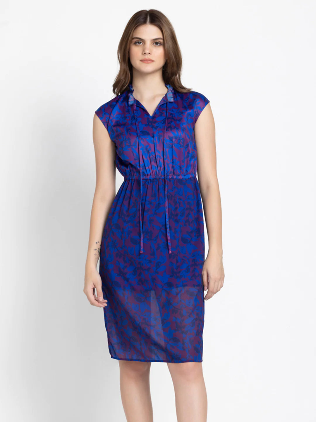 Casual Knee Length Blue Dress | Vibrant Blooms Knee-Length Casual Dress