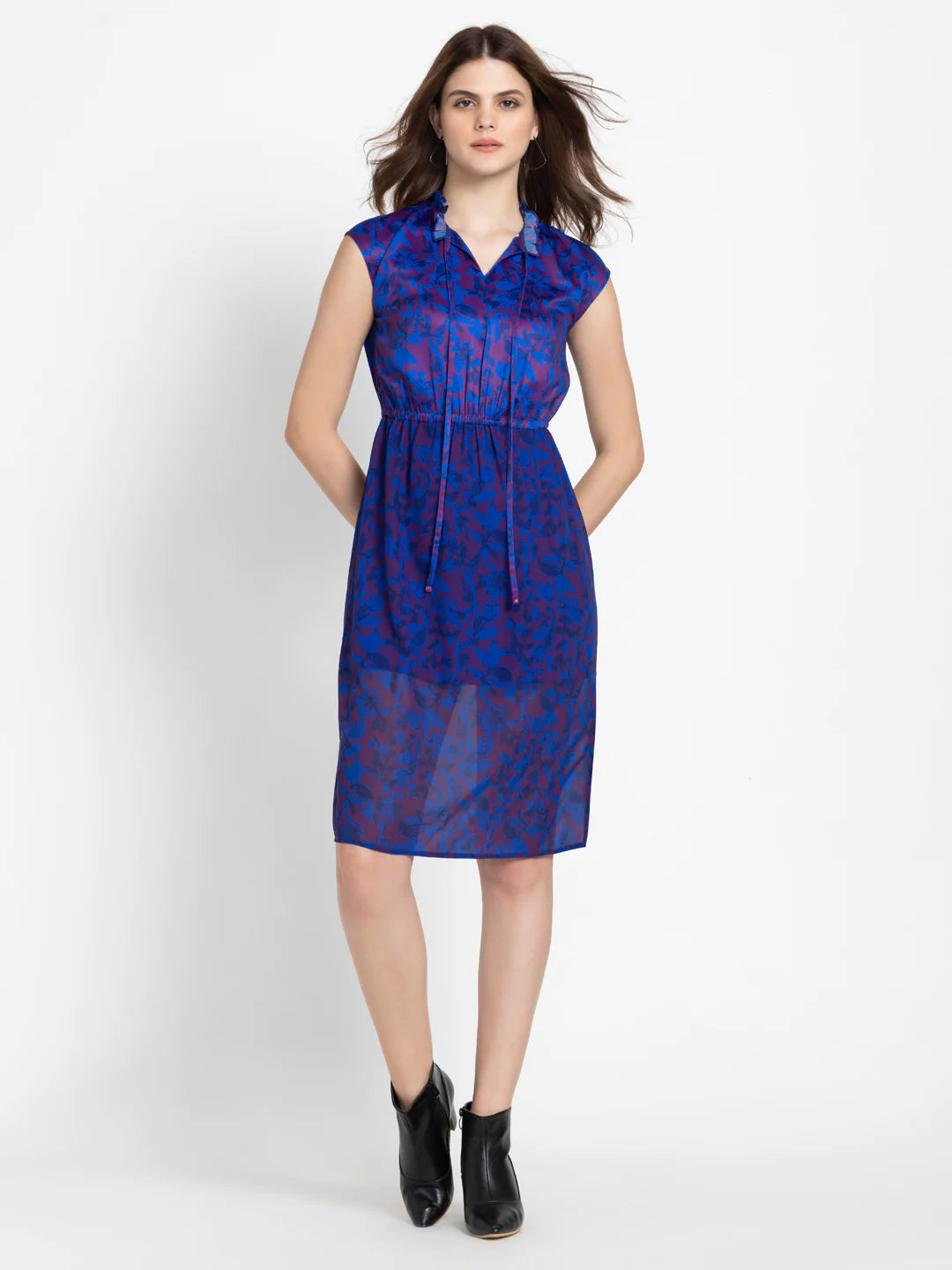 Casual Knee Length Blue Dress | Vibrant Blooms Knee-Length Casual Dress