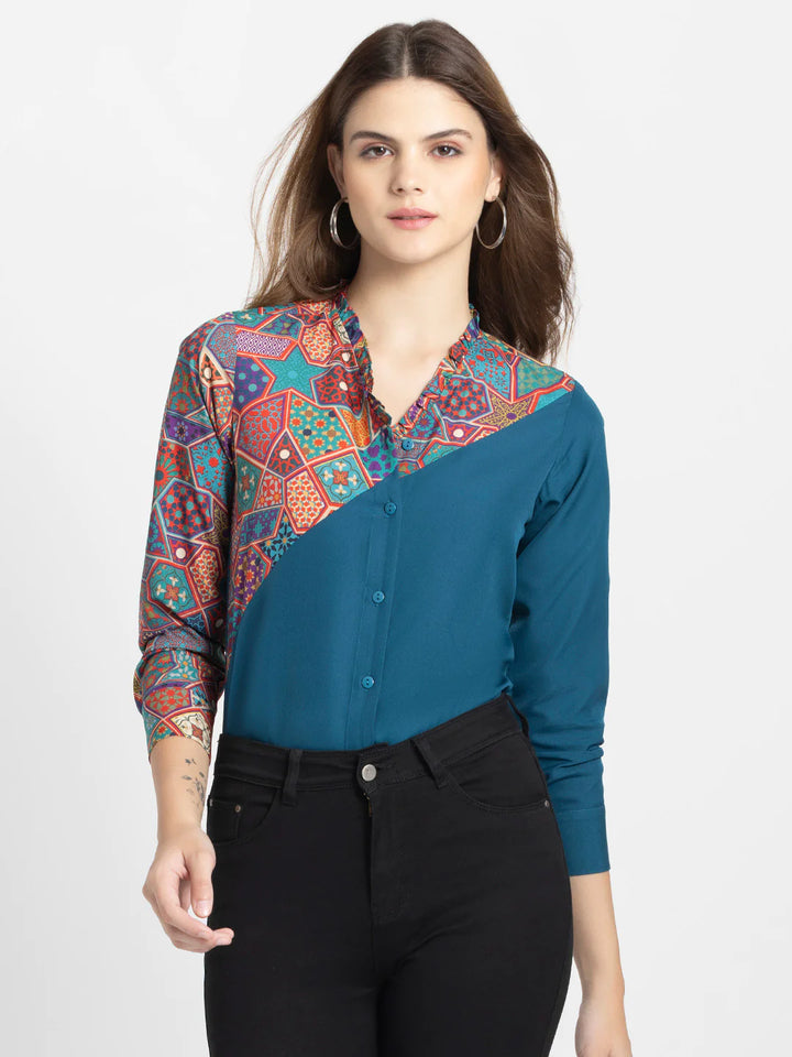 Printed Casual Shirt for Women | Teal Elegance Printed Casual Shirt