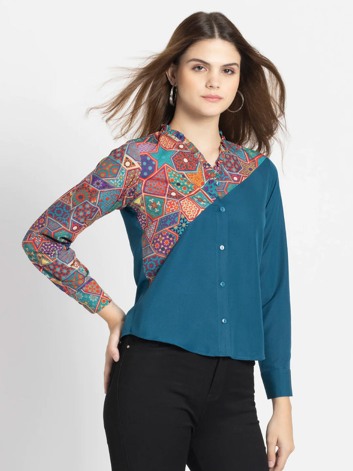 Printed Casual Shirt for Women | Teal Elegance Printed Casual Shirt