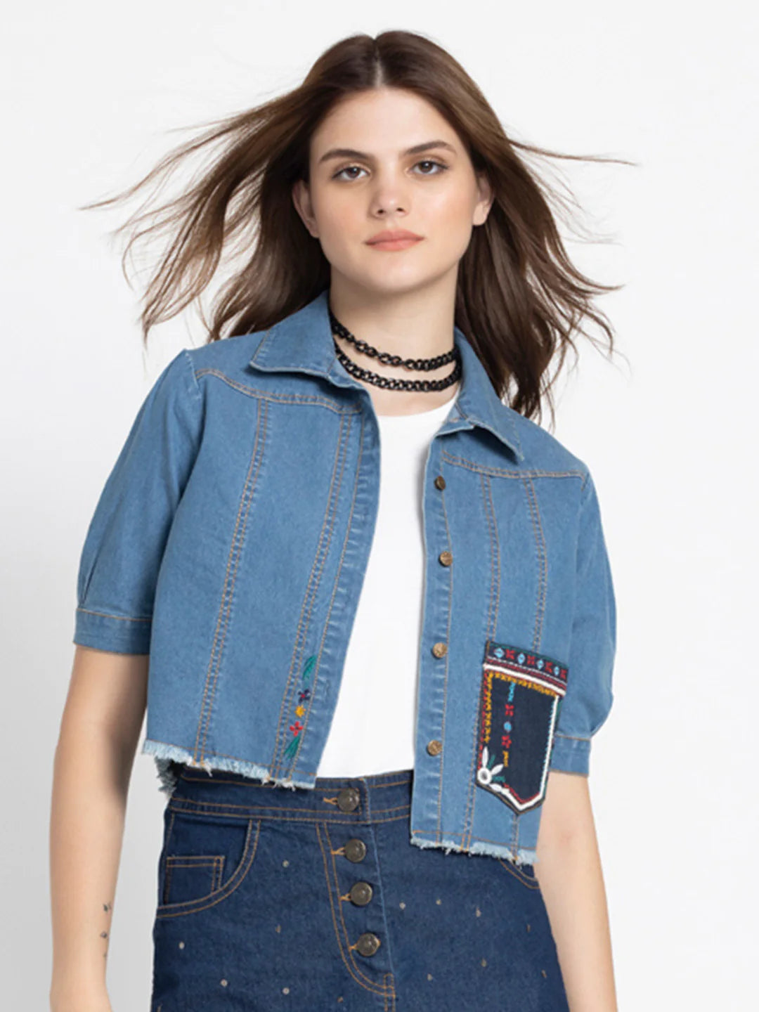 Blue Crop Shirt | Azure Blossom Denim Crop Shirt