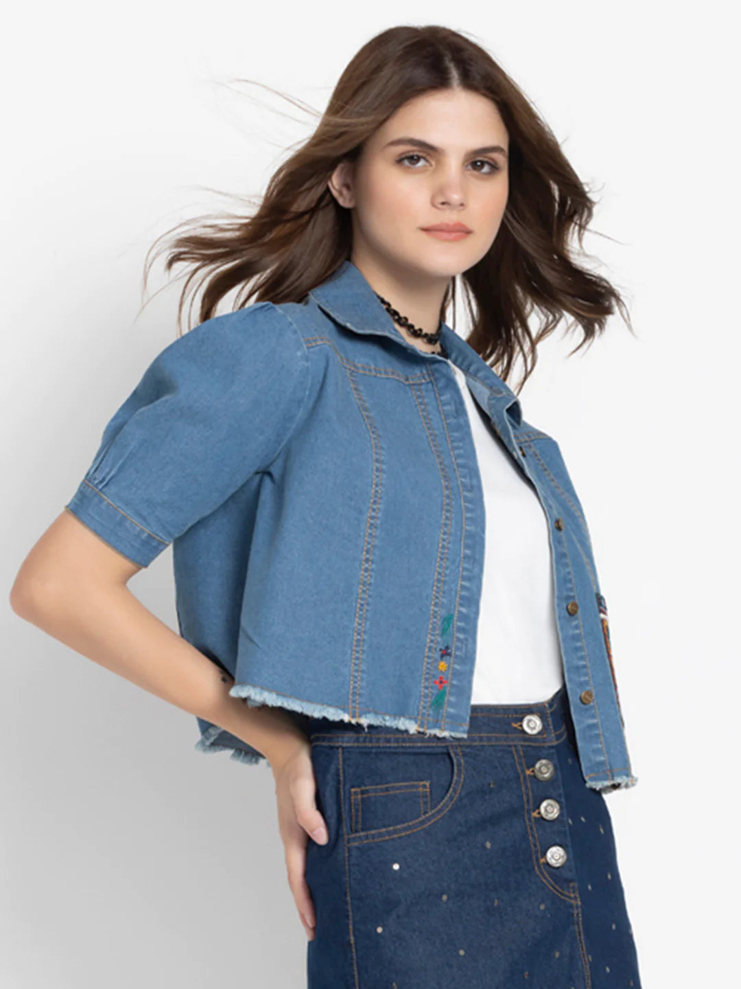 Blue Crop Shirt | Azure Blossom Denim Crop Shirt