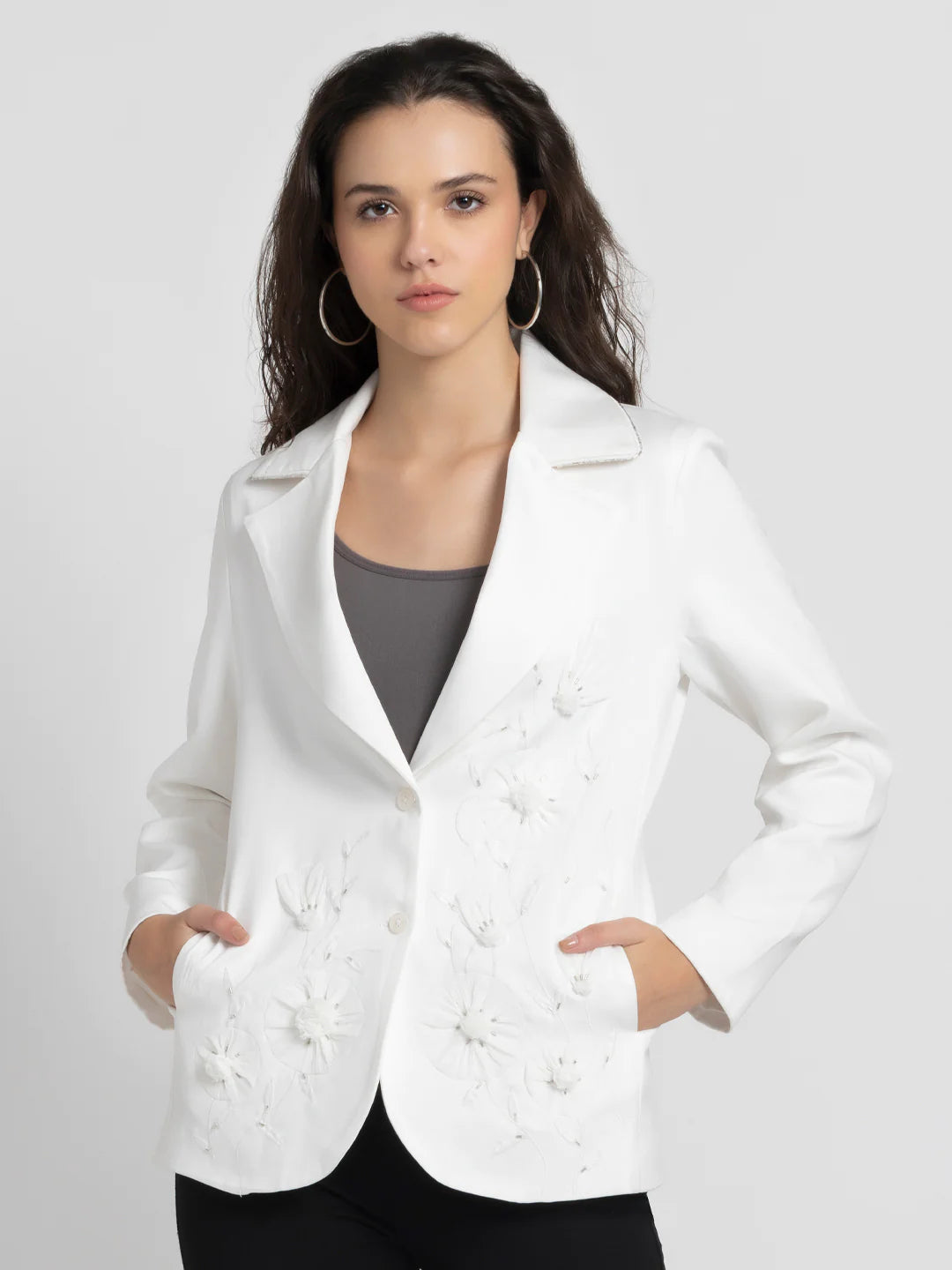 Women White Part Blazer | White Embroidered Party Blazer