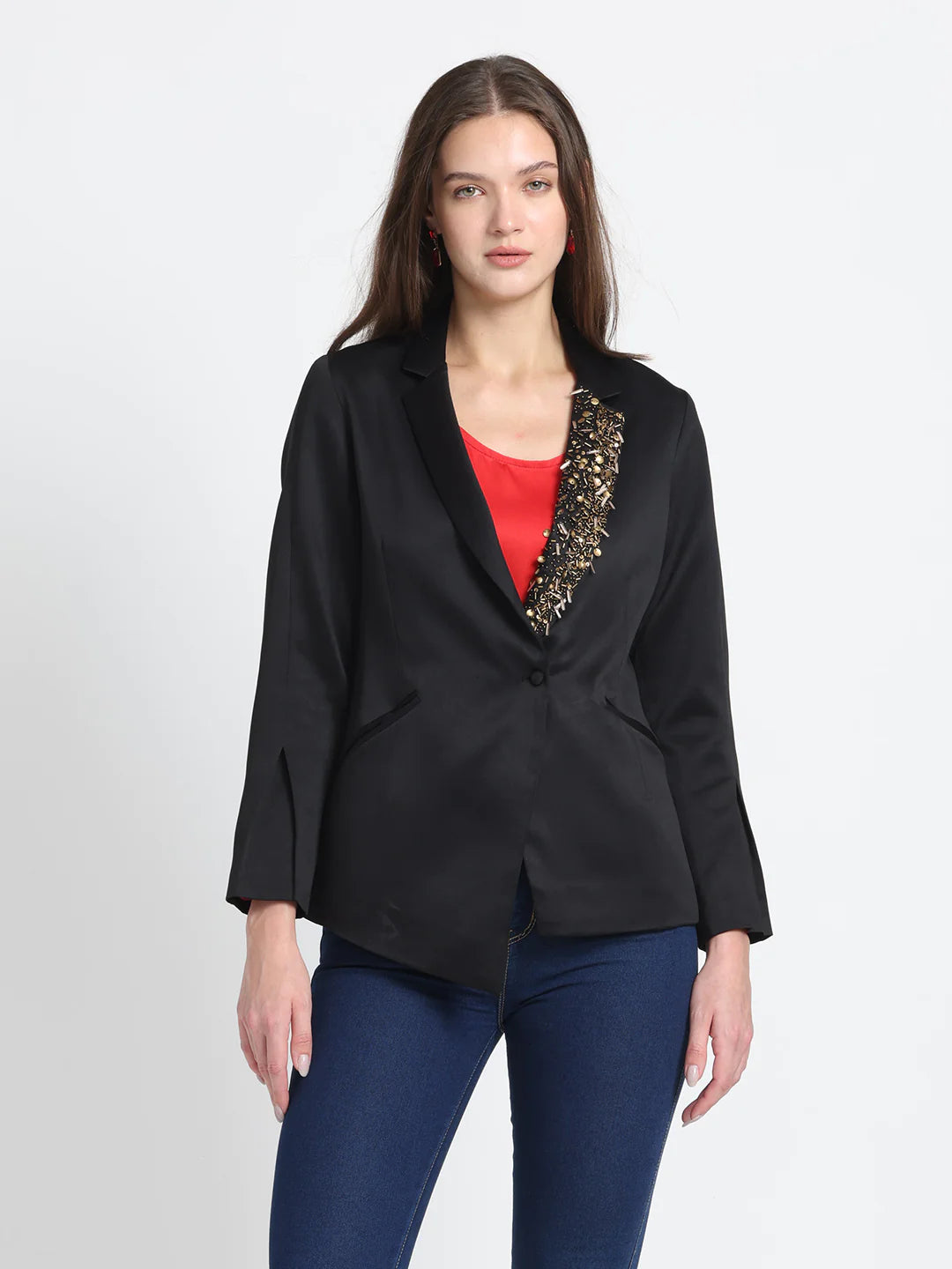 Women Black Party Blazer | Black Embroidered Asymmetric Party Blazer