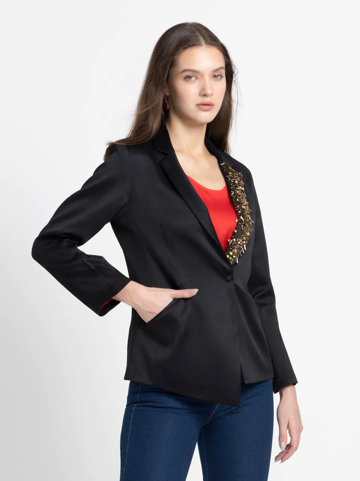 Women Black Party Blazer | Black Embroidered Asymmetric Party Blazer