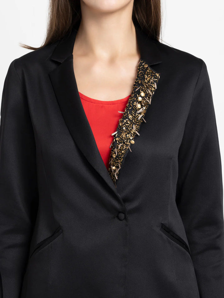 Women Black Party Blazer | Black Embroidered Asymmetric Party Blazer