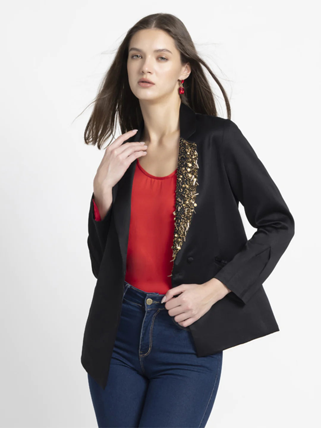 Women Black Party Blazer | Black Embroidered Asymmetric Party Blazer