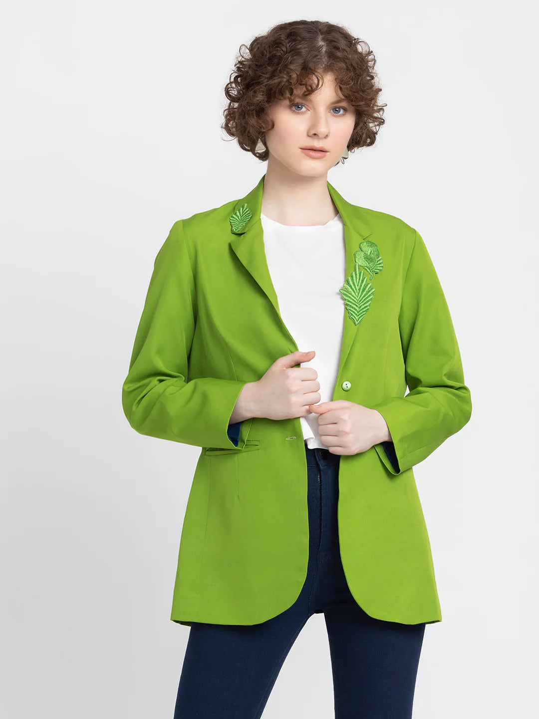 Women Green Collar Blazer | Green Embroidered Collar Casual Blazer