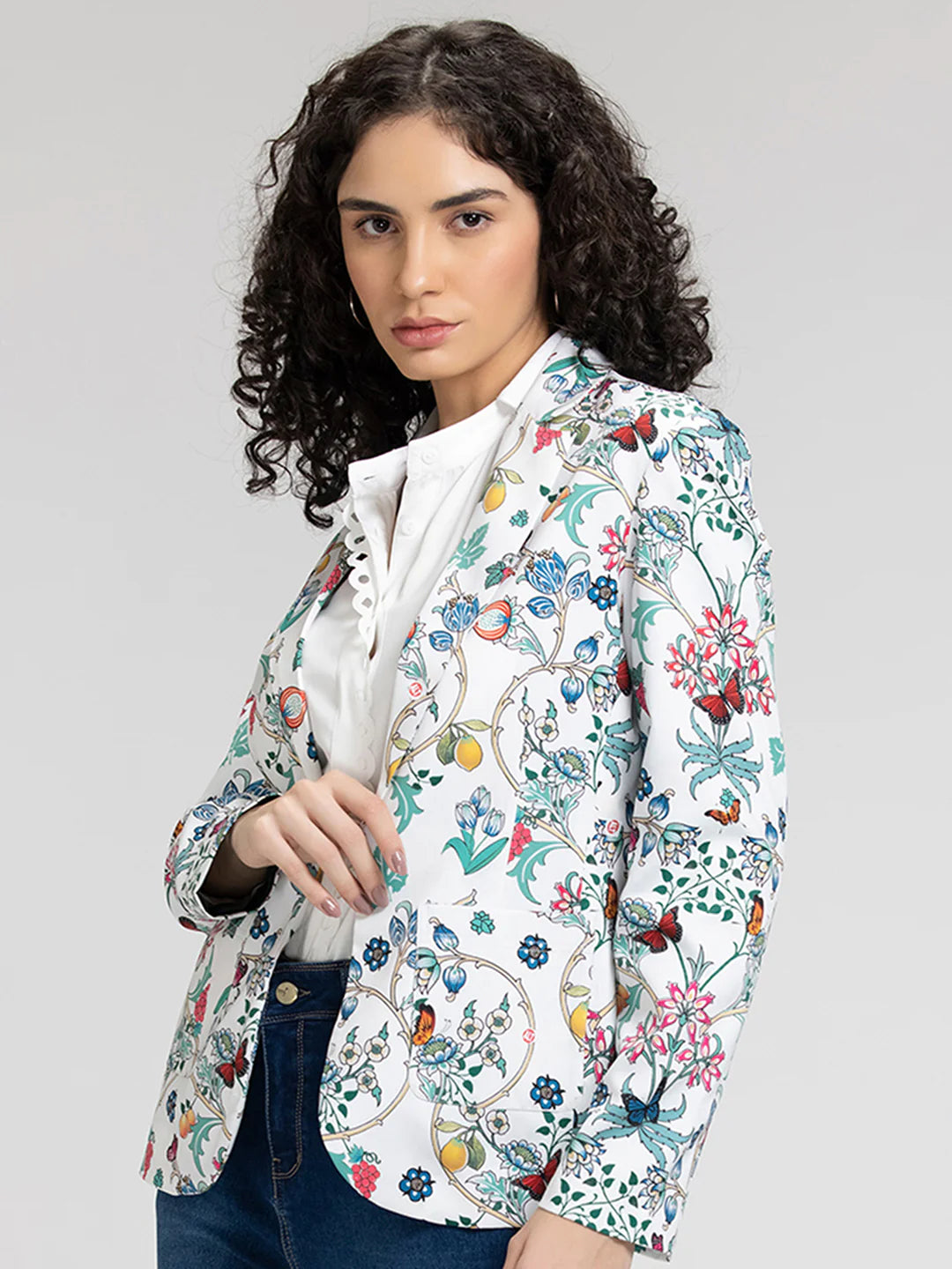White Bloom Women Blazer | Elegance in Bloom White Printed Blazer