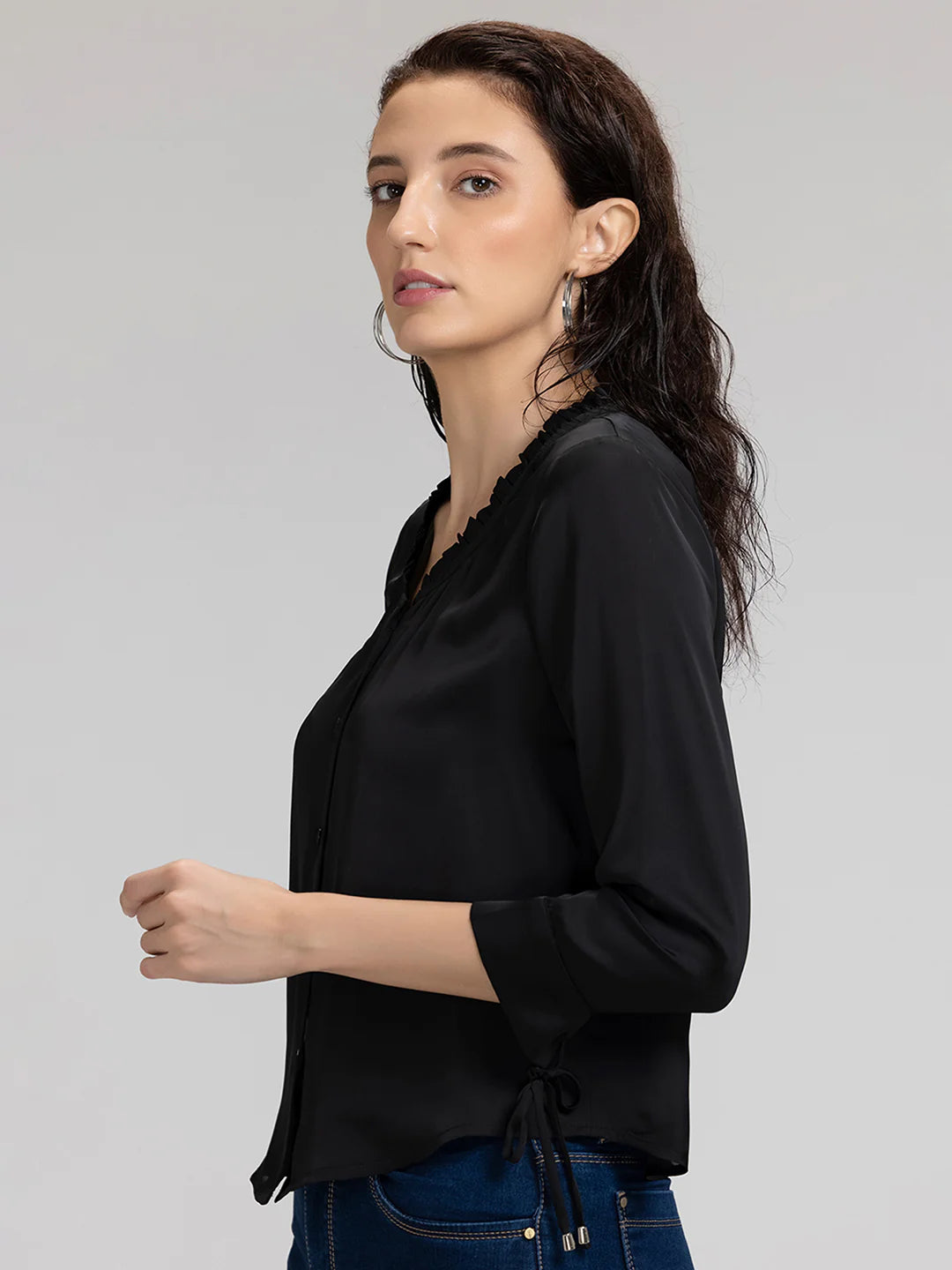 Black Frill Neck Shirt for Women | Elegant Black Satin Frill Neck Shirt