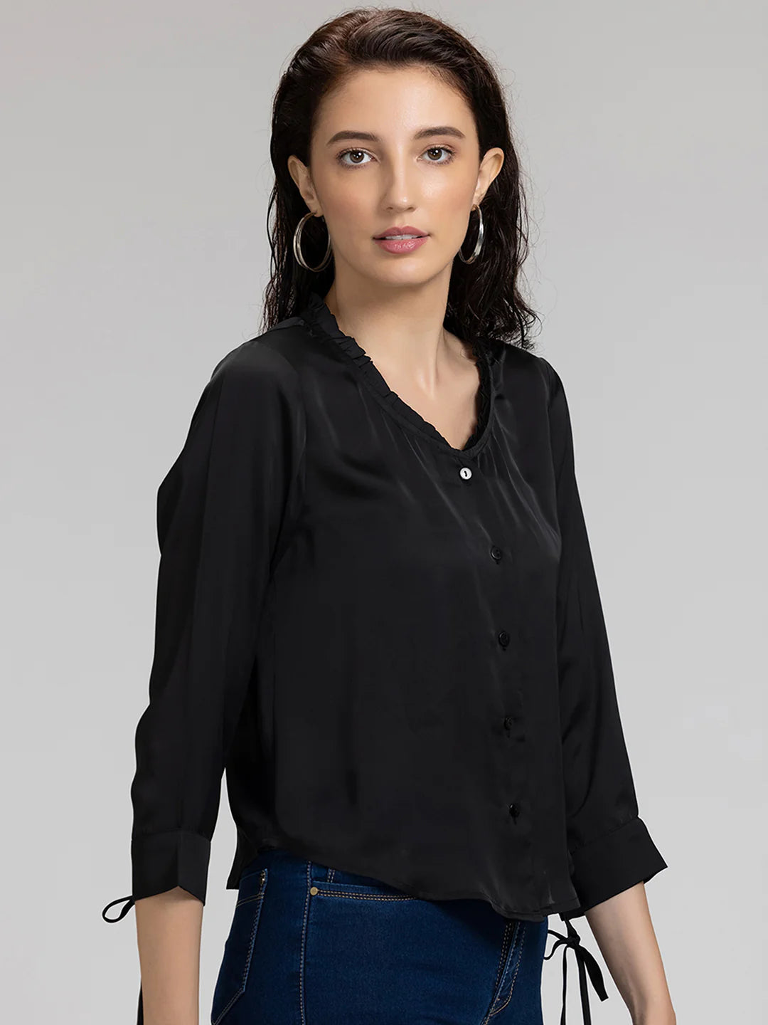 Black Frill Neck Shirt for Women | Elegant Black Satin Frill Neck Shirt