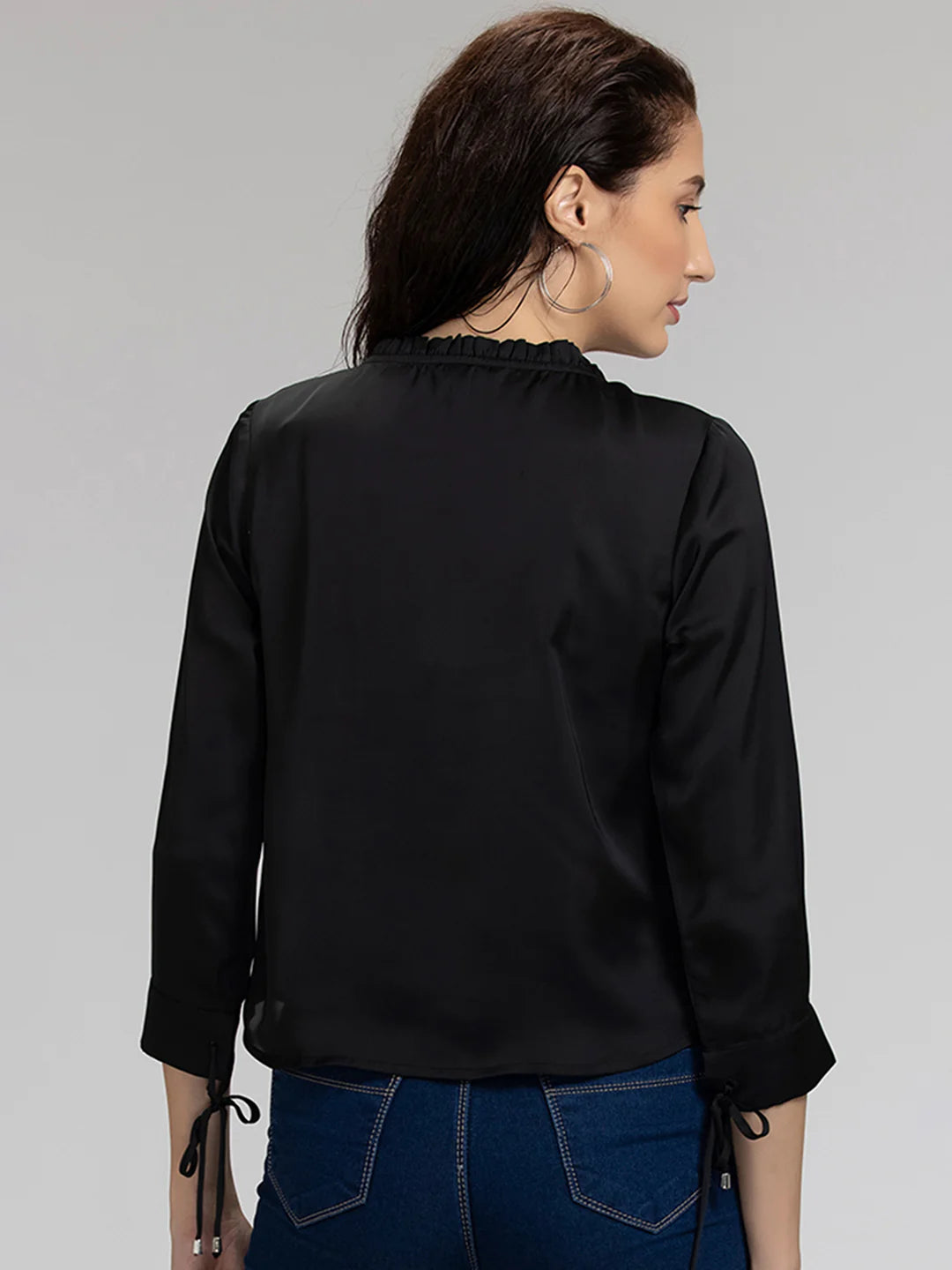 Black Frill Neck Shirt for Women | Elegant Black Satin Frill Neck Shirt