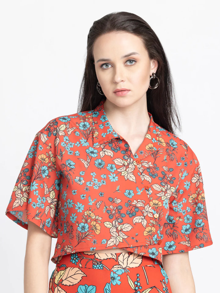 Placket Crop Shirt for Women | Red Asymmetric Placket Crop Shirt