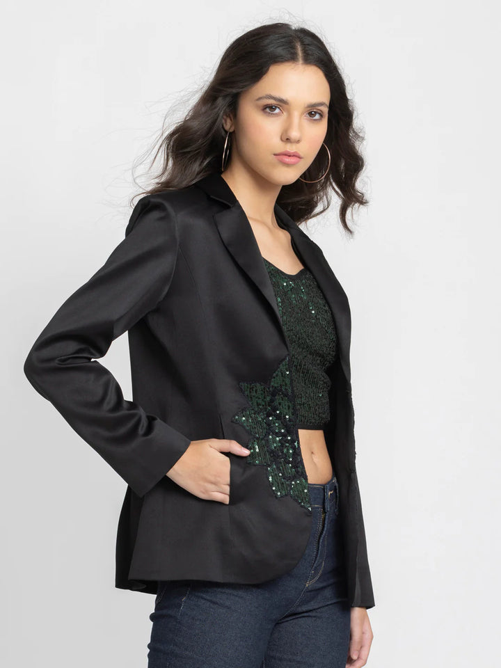 Women Black Party Jacket | Black Solid Party Jacket with Lapel Collar