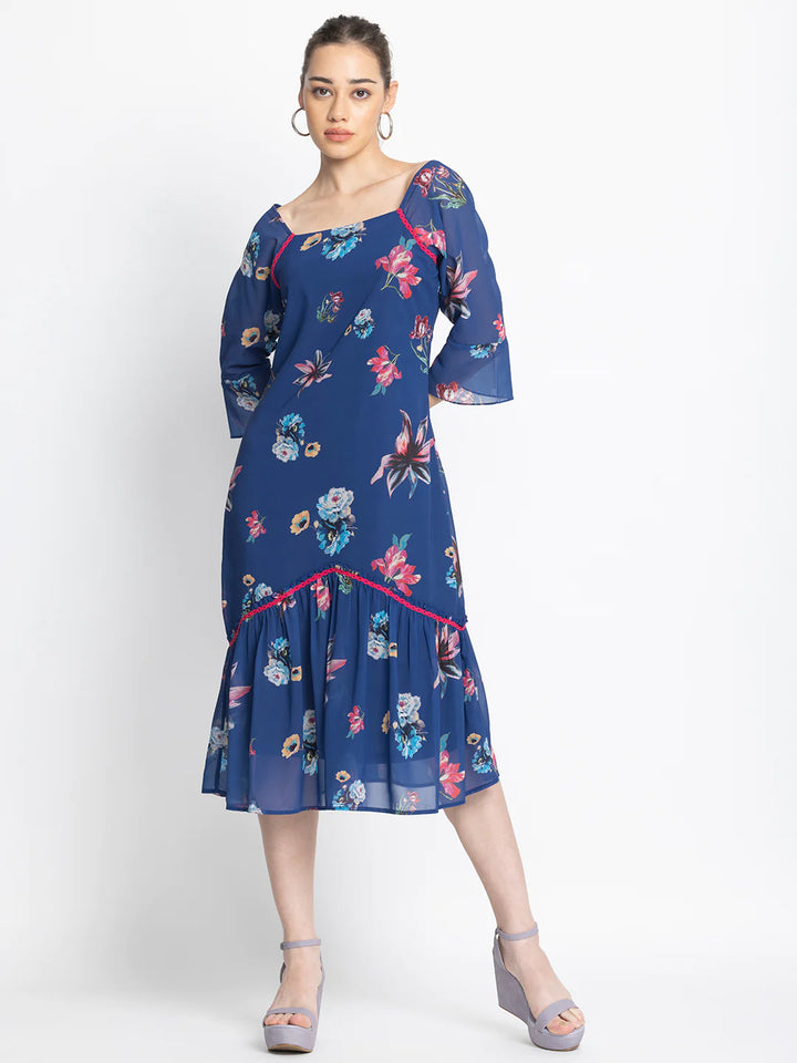 Floral Square Neck Dress | Blue Ditsy Floral Square Neck Dress