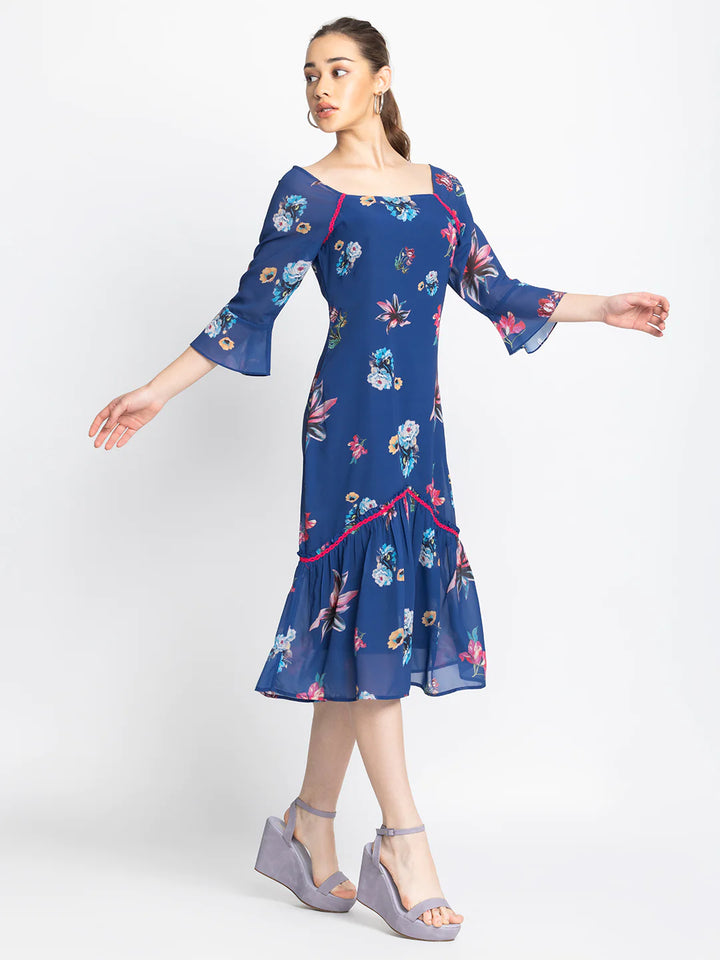 Floral Square Neck Dress | Blue Ditsy Floral Square Neck Dress