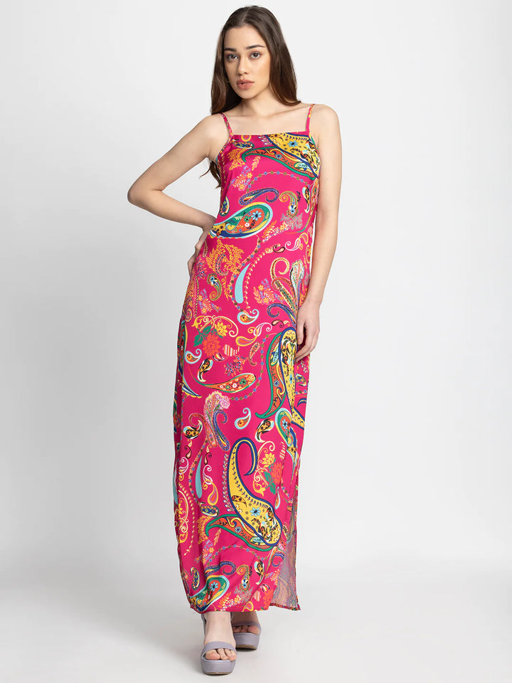 Pink Slit Maxi Dress | Modern Pink Paisley Slit Maxi Dress