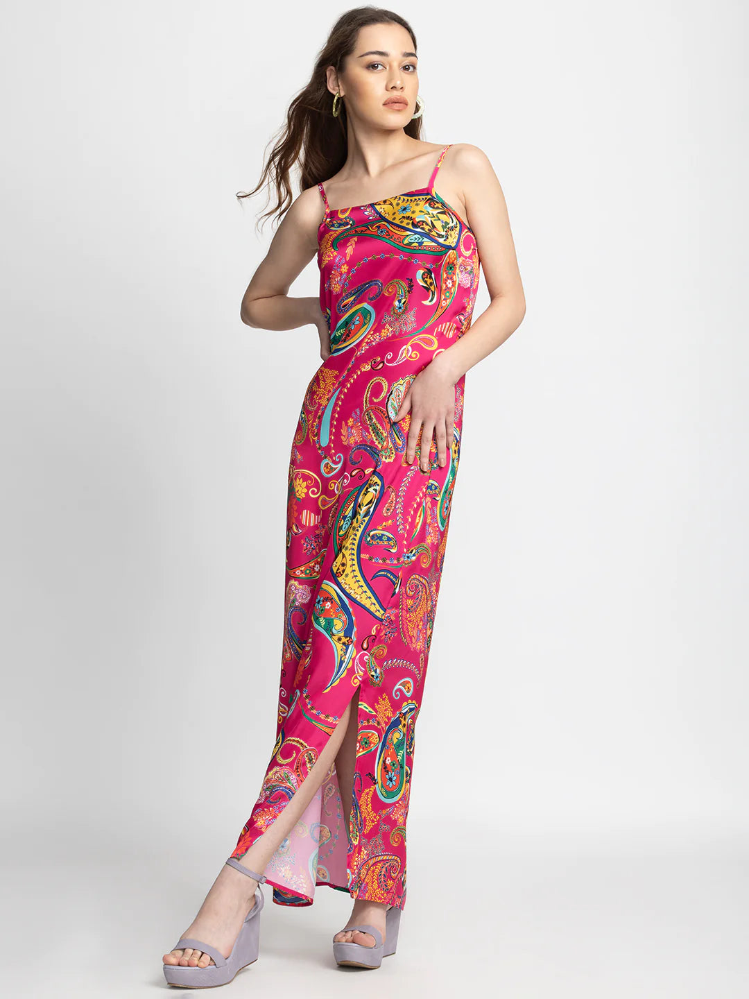 Pink Slit Maxi Dress | Modern Pink Paisley Slit Maxi Dress