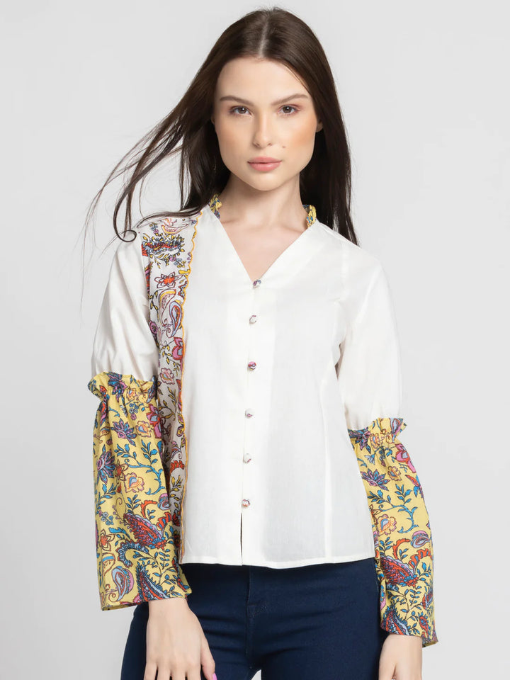 White V-Neck Shirt for Women | Floral Harmony V-Neck Shirt